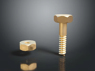 Gold Bolt And Nut Combination With Dark Background And Shiny Reflections 3d model