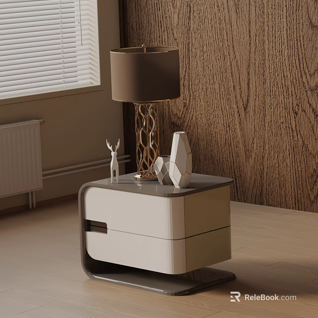 Modern White Side Table With Drawer Lamp Deer Figurine And Geometric Sculpture In Living Room 3d model 