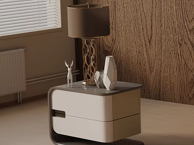 Modern White Side Table With Drawer Lamp Deer Figurine And Geometric Sculpture In Living Room 3d model