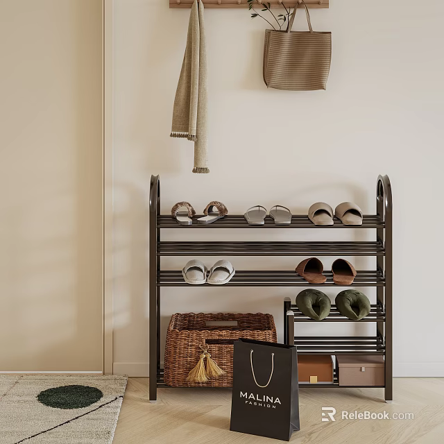 Multi Tier Metal Shoe Rack With Slippers Sandals Storage Basket And Hanging Towel 3d model 