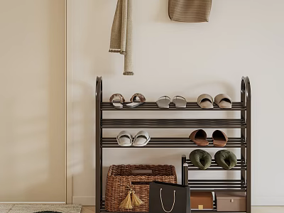 Multi Tier Metal Shoe Rack With Slippers Sandals Storage Basket And Hanging Towel 3d model