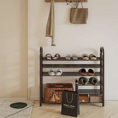 Multi Tier Metal Shoe Rack With Slippers Sandals Storage Basket And Hanging Towel 3d model