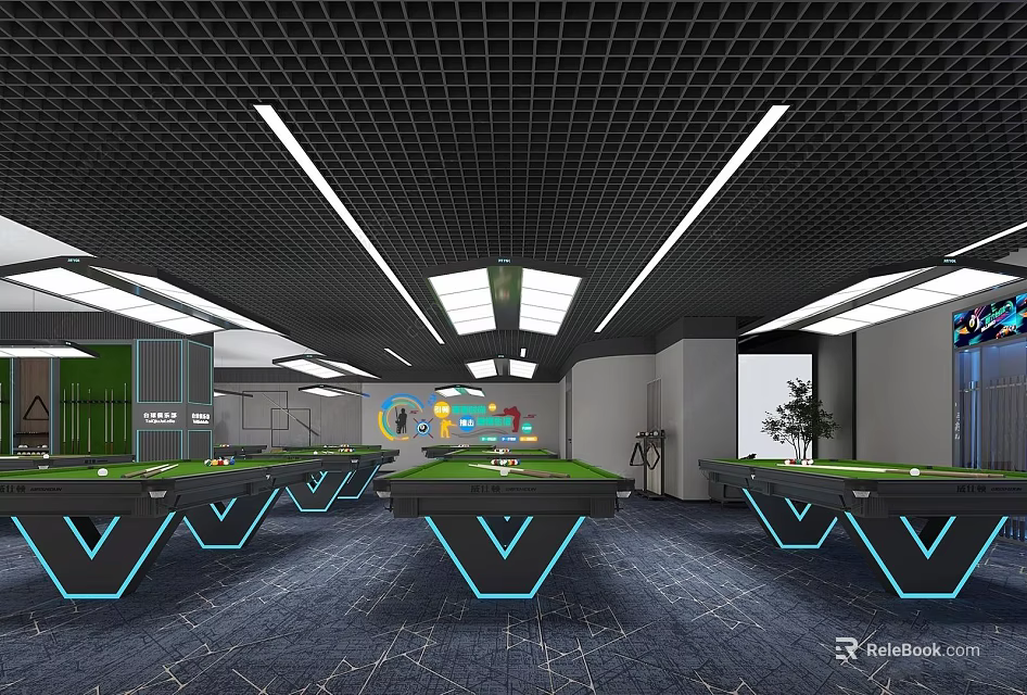 Modern Billiard Room With Multiple Tables Grid Ceiling Strip Lights And Dark Carpet 3d model 