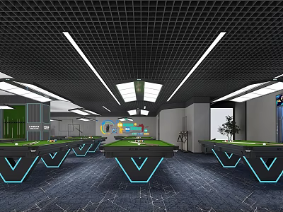 Modern Billiard Room With Multiple Tables Grid Ceiling Strip Lights And Dark Carpet 3d model