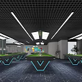 Modern Billiard Room With Multiple Tables Grid Ceiling Strip Lights And Dark Carpet 3d model