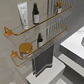 Bathroom Storage Shelf With Yellow Brackets Glass Shelves Holding Toiletries And Towel