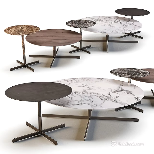 Modern Round Dining Table Collection With Marble And Natural Wood Tabletop And Sturdy Metal Base 3d model 