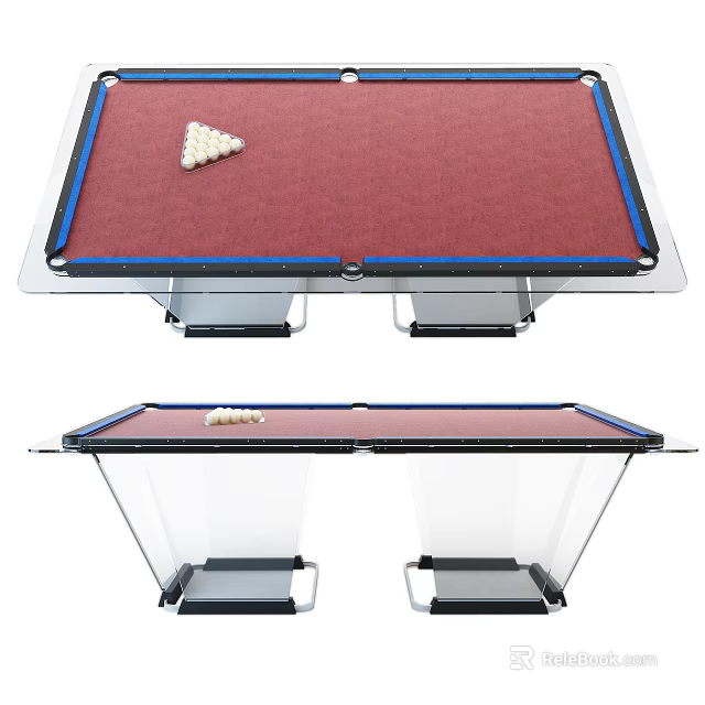 Modern Billiard Table With Red Felt Surface Blue Trim And Metal Legs 3d model 