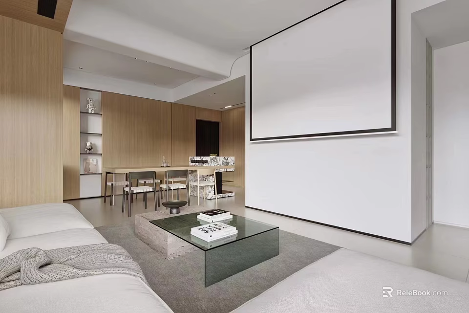 Modern Living Dining Room Interior With Wooden Elements White Sofa And Glass Coffee Table 3d model 