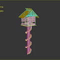 Elevated Architectural Structure with Spiral Staircase Red Roof and Solar Panels Wooden Frame Design