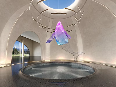 Exhibition Hall With Suspended Pink Blue Gradient Sculpture Circular Decorative Rings And Round Reflecting Pool 3d model