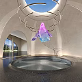Exhibition Hall With Suspended Pink Blue Gradient Sculpture Circular Decorative Rings And Round Reflecting Pool