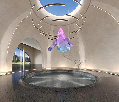 Exhibition Hall With Suspended Pink Blue Gradient Sculpture Circular Decorative Rings And Round Reflecting Pool 3d model