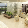 Elegant Restaurant Interior With White Columns Black Piano Circular Stage Wooden Partitions And Tables Chairs
