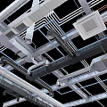 Industrial Ceiling Structure With Exposed Ducts Vents Metal Frames And Cables