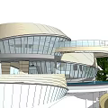 Modern Sales Office Building with Circular Dome Glass Curtain Wall Open Entrance Water Feature
