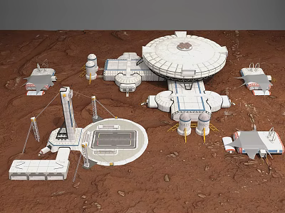 Mars Base Model With Circular Main Building And Small Surrounding Modules On Red Ground 3d model