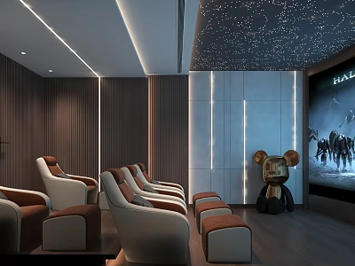Elegant Modern Home Theater With Starry Sky Ceiling Leather Seats And Large Screen Bear Sculpture 3d model