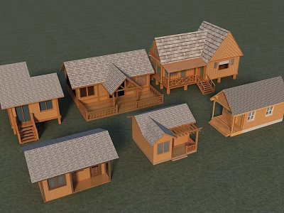 Various Model Wooden Houses With Different Roof Structures And Window Designs 3d model