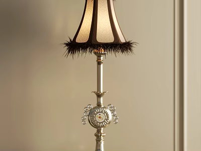 Vintage Style Silver Floor Lamp With Striped Feather Trim Lampshade And Decorative Crystal Accents 3d model