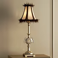 Vintage Style Silver Floor Lamp With Striped Feather Trim Lampshade And Decorative Crystal Accents