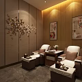 Elegant Luxury Lounge Featuring Comfortable Armchairs Wooden Ceiling Recessed Lighting And Tea Sets