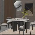 Round Dining Table Set With Gray Chairs White Pendant Light And Abstract Painting