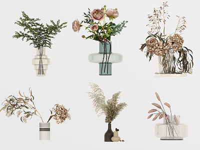 Elegant Various Designed Vases With Mixed Flowers Greenery And Dried Plants 3d model