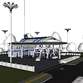 Modern Gas Station Exterior With Blue White Canopy And Fuel Dispensers