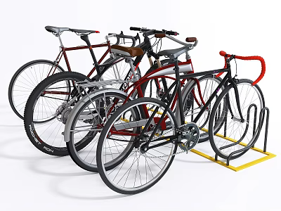 Multiple Colorful Bicycles Parked On Metal Bike Rack With Red Black Frames 3d model