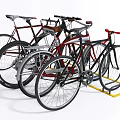 Multiple Colorful Bicycles Parked On Metal Bike Rack With Red Black Frames