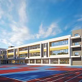 Modern School Building With Red Running Track And Blue Sports Field 3d model