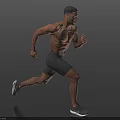 Shirtless Muscular Man Running in Black Shorts and Athletic Shoes Against Dark Background