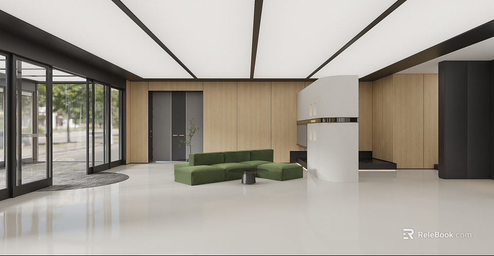 Modern Public Office Space With Open Layout Green Sofa Wooden Walls And Glass Doors 3d model 