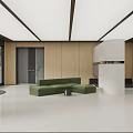 Modern Public Office Space With Open Layout Green Sofa Wooden Walls And Glass Doors