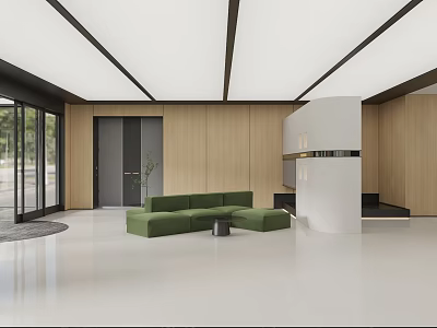 Modern Public Office Space With Open Layout Green Sofa Wooden Walls And Glass Doors 3d model