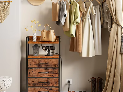 Vintage Wooden Shelf with Hanging Clothes Handbag Vase and Drawer Cabinet 3d model