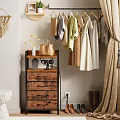 Vintage Wooden Shelf with Hanging Clothes Handbag Vase and Drawer Cabinet