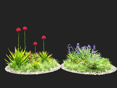 Vibrant Garden Plants with Red Purple Flowers and Green Foliage in Circular Beds 3d model