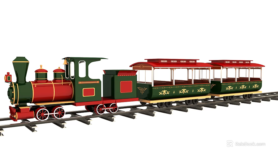 Red and Green Train With Three Carriages Gold Decorations on Tracks 3d model 