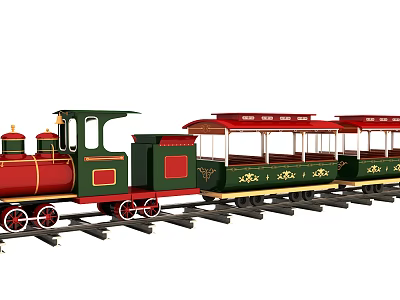 Red and Green Train With Three Carriages Gold Decorations on Tracks 3d model