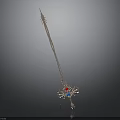 Mythical Golden Decorative Staff With Red Blue Gems And Intricate Patterns