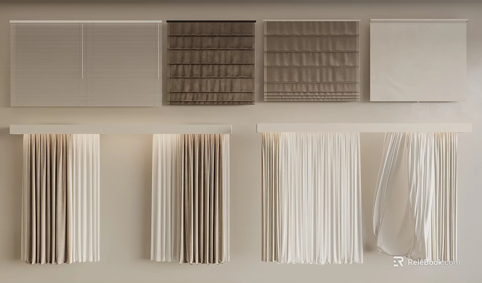 Modern Home Curtain Styles Including Beige Brown White Pleated Simple and Blinds Designs 3d model 