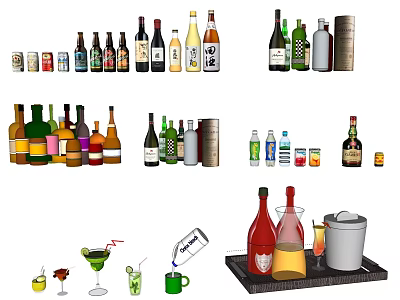 Various Wine Bottles and Glasses with Assorted Cocktail Cups Ice Bucket Serving Tray 3d model