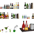 Various Wine Bottles and Glasses with Assorted Cocktail Cups Ice Bucket Serving Tray