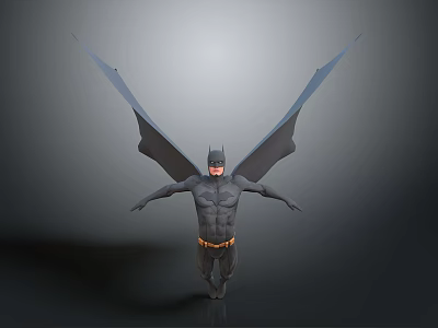 Man in Batman Costume with Large Wings Standing on Gray Background 3d model