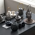 Black Gray Ceramic Tea Sets With Teapots Teacups And Trays On Wooden Table