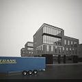 Modern Industrial Factory Building Exterior With Glass Windows Parking Lot And Greenery