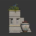 Gray Multi Tiered Cabinet With Open Shelves Dishes And Potted Plant On Top