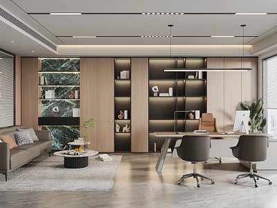 Modern Office Interior Design with Sofa Bookshelves Desk Chairs and Green Plants 3d model